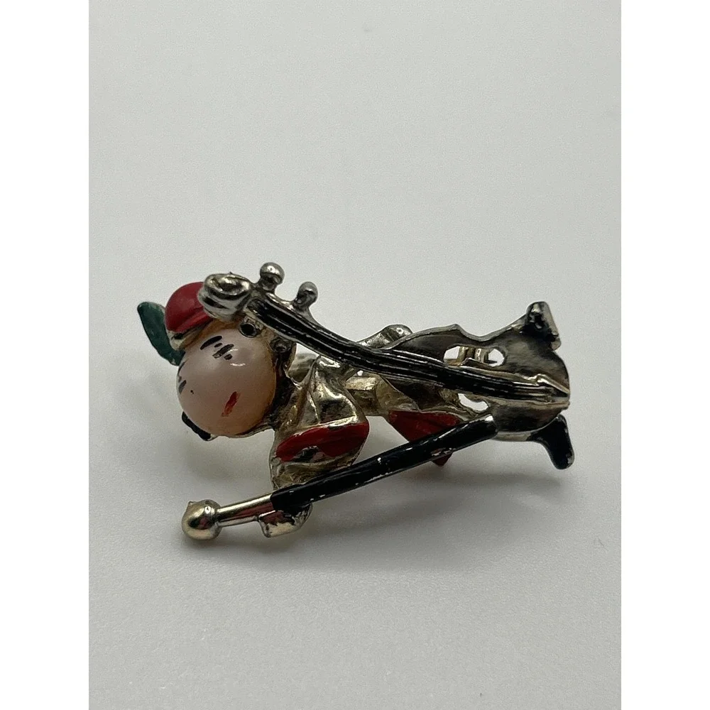 Vintage Enamel‎ Figural Musician Cello Brooch Pin Red Green Gold Tone Jewelry